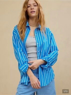aerie good day button down shirt blue white striped 100% cotton NWT large